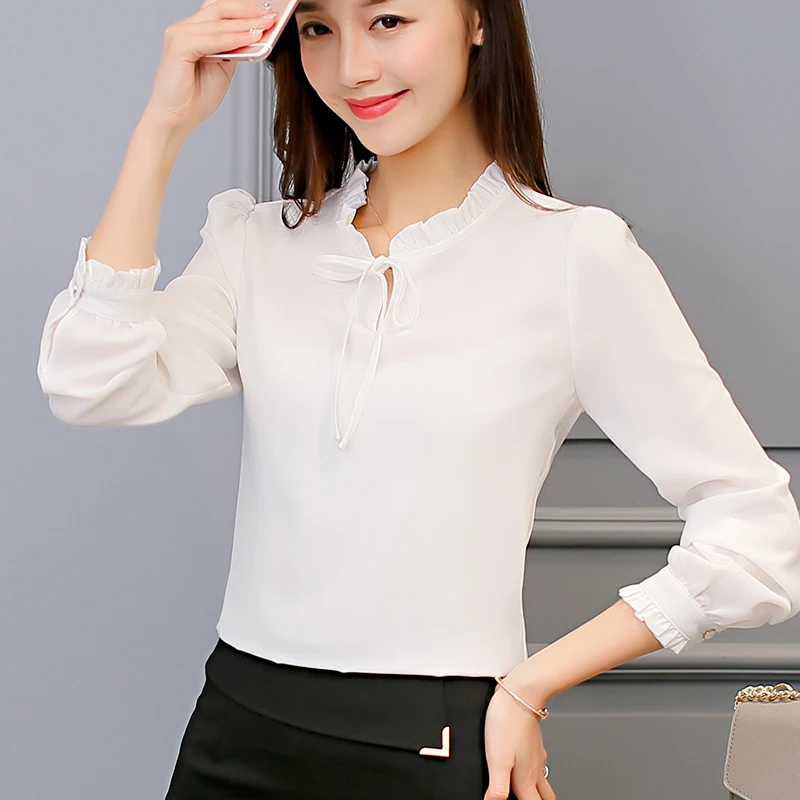 New Spring Summer Blouse Women Long Sleeve Shirts Fashion Leisure Chiffon Shirt Bow Office Ladies Pink White Tops Women Clothing