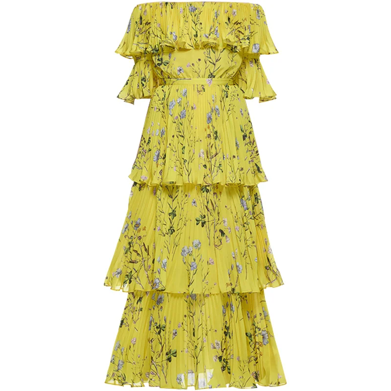 Женское длинное пляжное платье с открытыми плечами Boho желтое элегантное