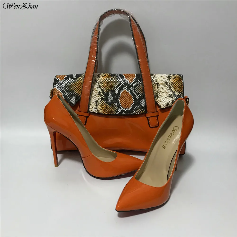Orange High Heel Ladies Shoes With Matching Women HandBag Pumps Sets Patent Leather Hottest different heels WENZHAN 36-43 A96-20