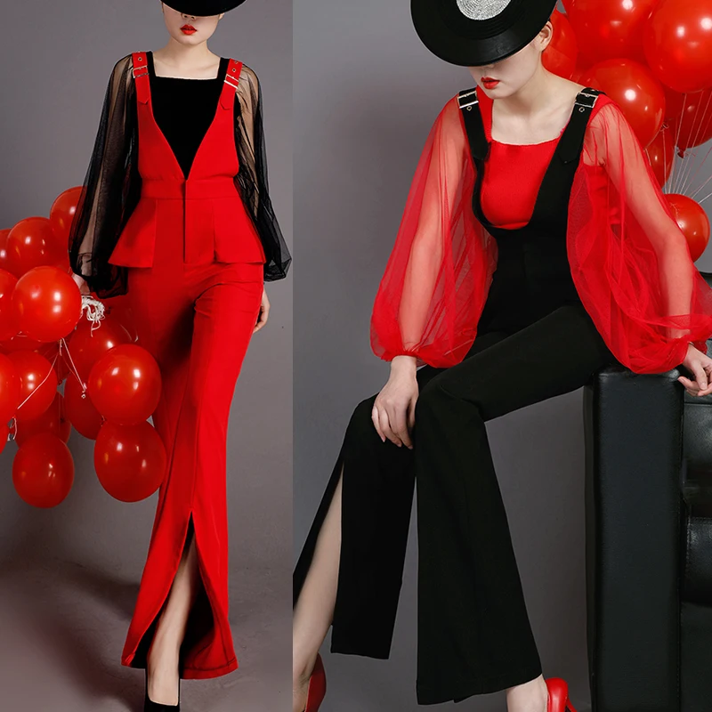 Женский офисный комбинезон с оборками красный черный широкими штанинами большие