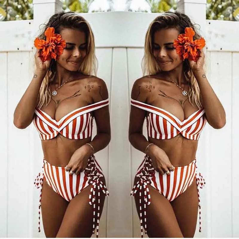 Бикини пуш-ап с высокой талией купальник бикини 2020 полосатый комплект без