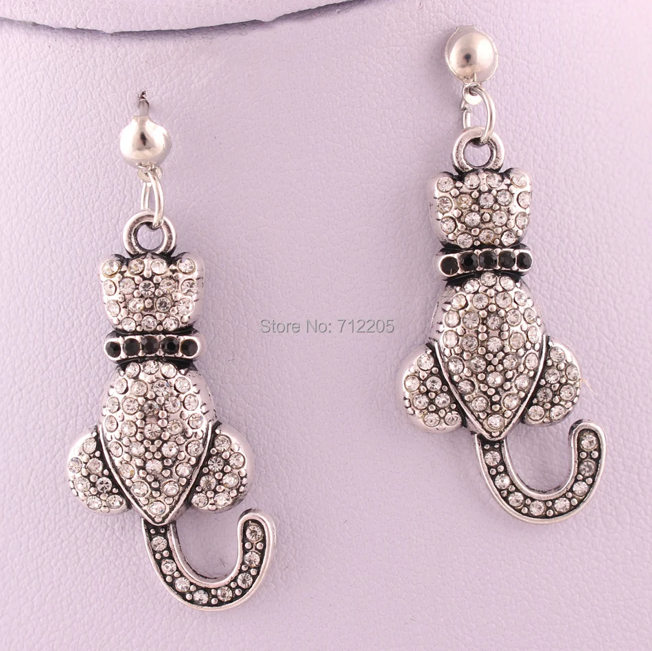 17mm*33mm Antique silver plated zinc studded with sparkling crystals Love Cat pendant Drop Earrings | Украшения и аксессуары