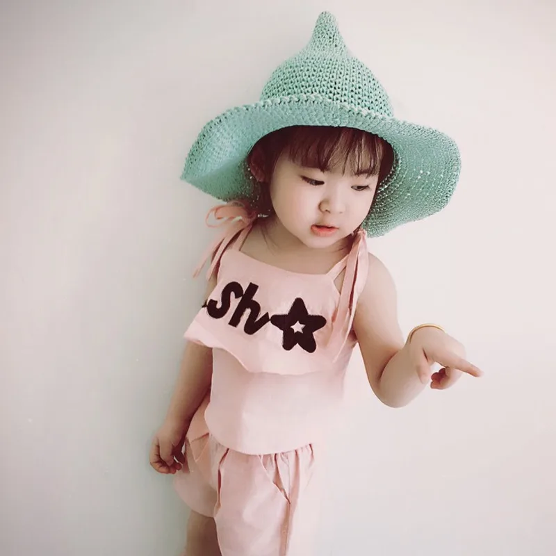 Портативная детская соломенная шляпа однотонная Солнцезащитная пляжная