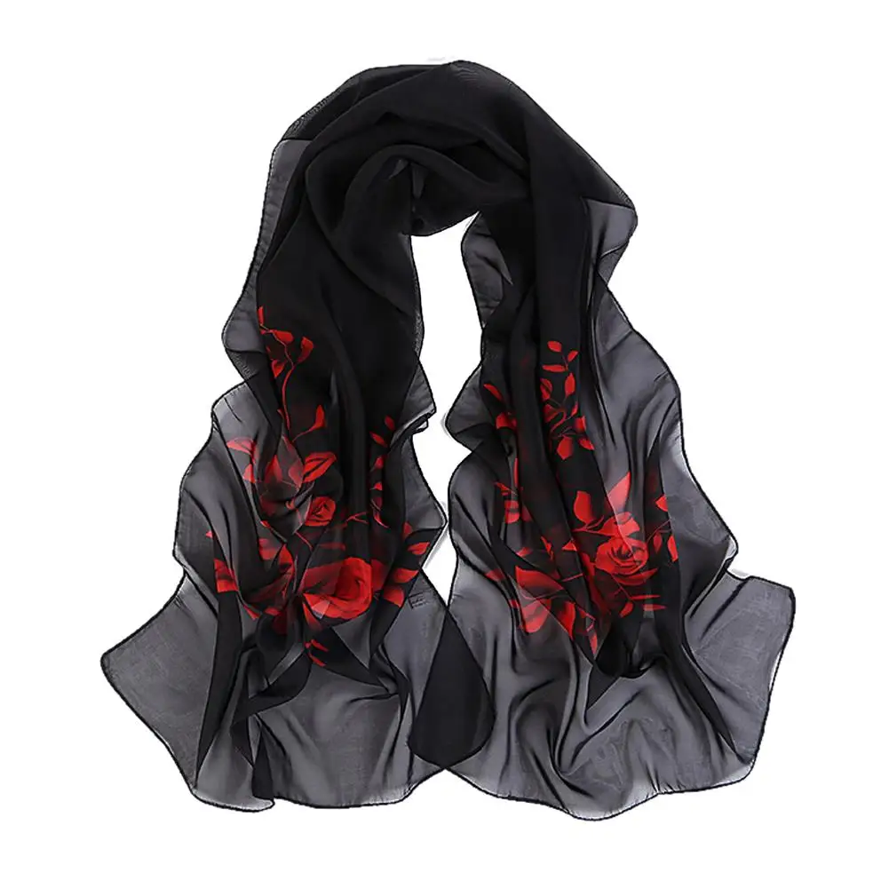 

MYTL Black Vintage Red Flowering Branch Print Pattern Chiffon Scarf For Women