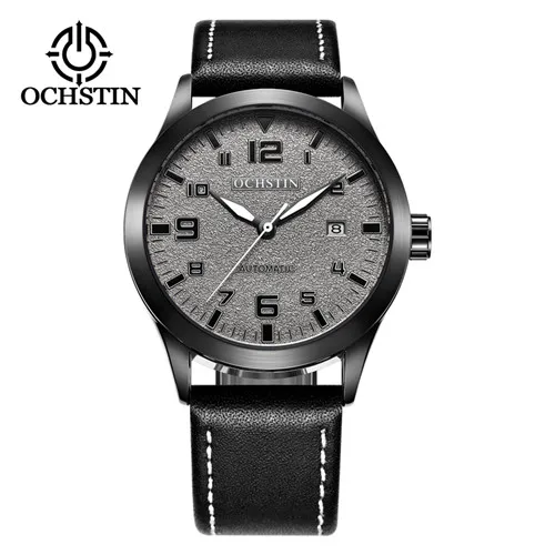 black gray Роскошный топ бренд OCHSTIN автоматические часы для мужчин водонепроницаемый Дата Спорт для мужчин кожа механические наручные часы Мужские часы Мода relogio - Цвет: black gray