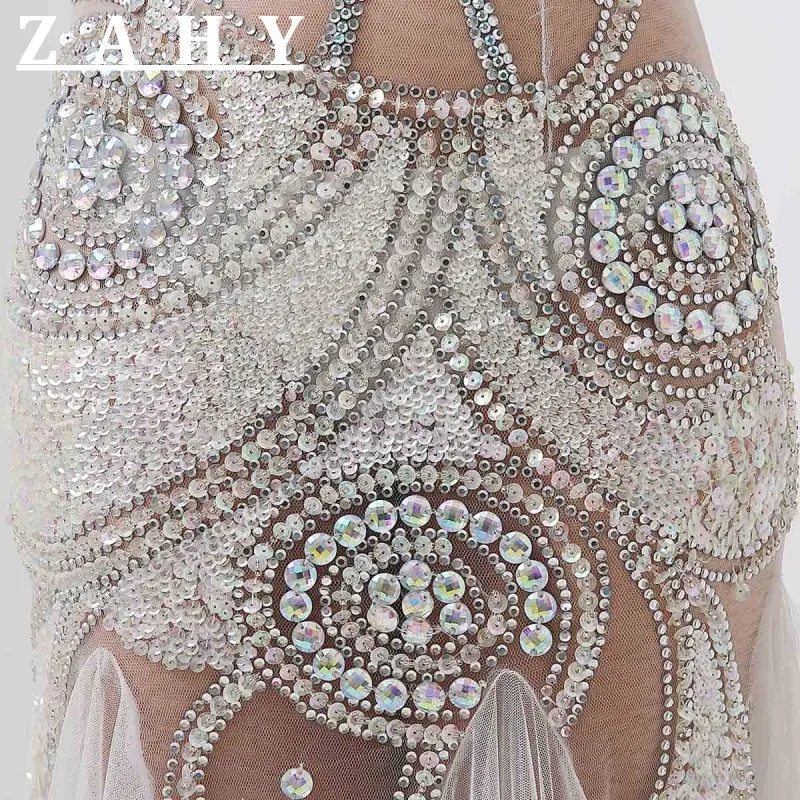 Luxury spaghetti Straps Mermaid Evening Dresses Beaded silver crystal see through backless prom dresses party gown vestidos | Свадьбы и
