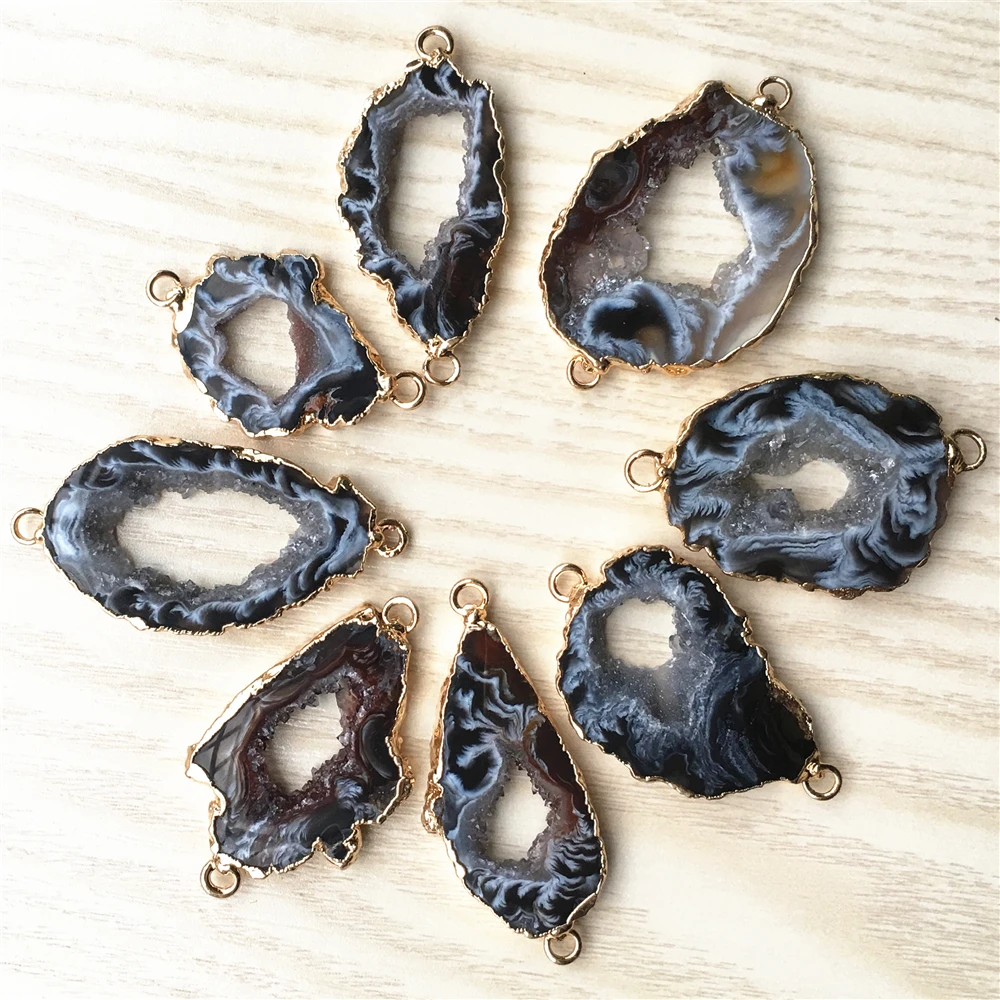 

Natural Black Agates Slice Pendants Connectors Irregular Raw Agates Druzy Natural Stones Pendants For DIY Jewelry Making 5PCS