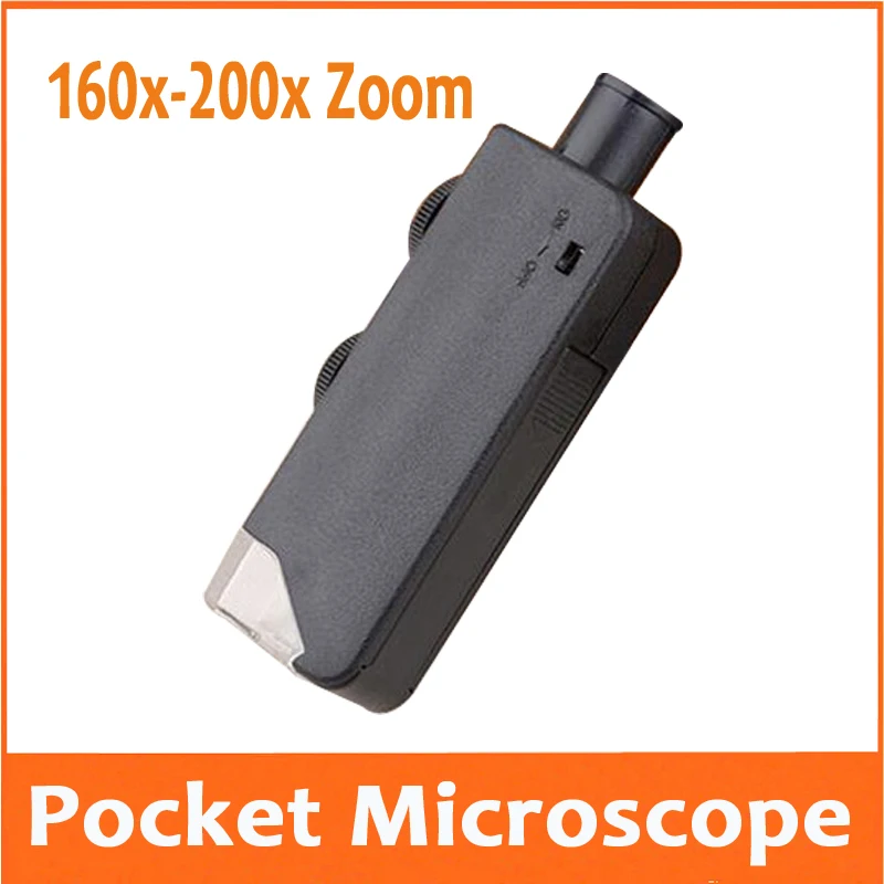 

160X-200X Black Adjustable Zoom Focus LED Pocket Microscope Handheld Illuminated Portable Magnfier with Light Source