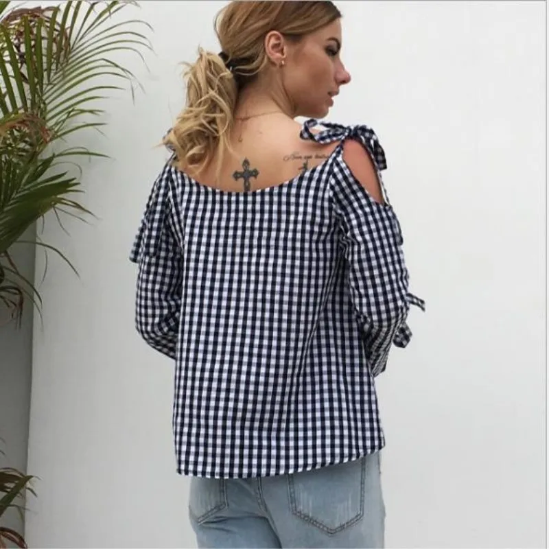 casual cold shoulder long sleeve shirt summer checkered womens tops and blouses plus size plaid shirts chemise femme haut 7511 |
