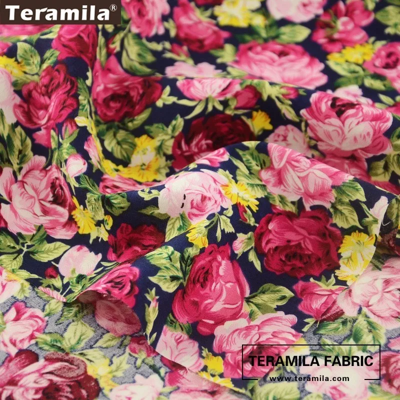 Teramila Cotton Poplin Fabric Printed Blooming Flower Style Dark Navy Cloth Shirt Handwork Fat Quarter Meter Textile Patchwork | Дом и сад