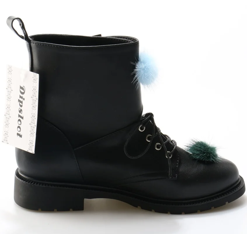 

2017 Newest Mixed Colors Pom Pom Women Lace Up Ankle Boots Round Toe Ladies Low Heel Martin Boots High Quality Riding Boots
