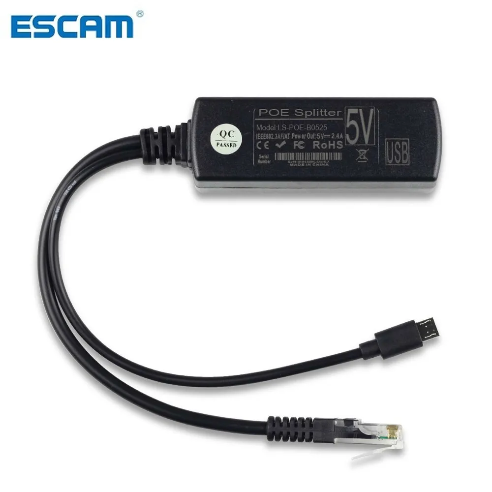 

ESCAM IEEE 802.3af Micro USB Active PoE Splitter Power Over Ethernet 48V to 5V 2.4A for Tablets Dropcam or Raspberry Pi
