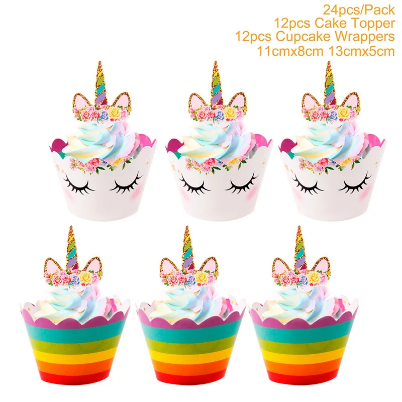 24pc Unicorn Toppers Вечерние коробки для попкорна с единорогом FENGRISE, 6 шт., украшения для дня рождения, вечерние сумки для попкорна с единорогом, подарки для детей - Цвет: 24pc Unicorn Toppers