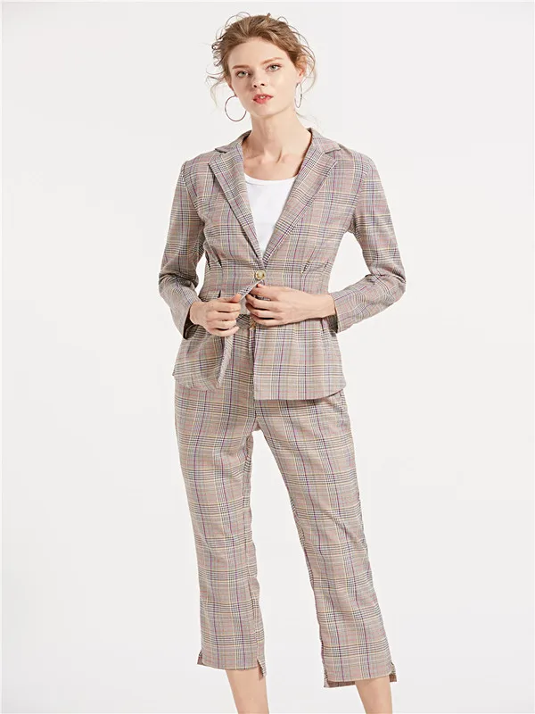 Весна 2019 женский костюм в клетку на одной пуговице тонкая талия три четверти
