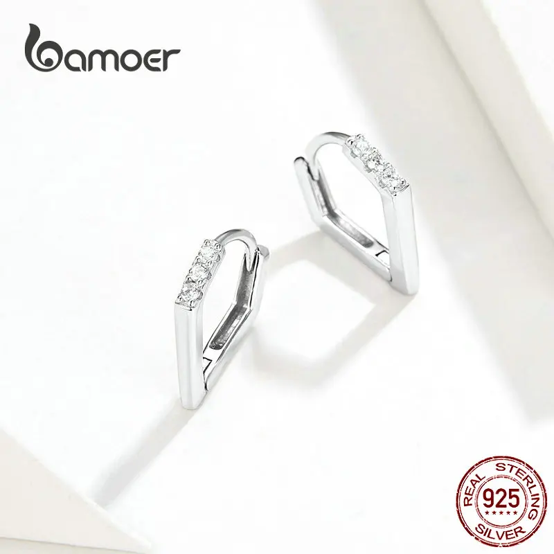 Bamoer, v-образная форма, серьги-кольца, хип-хоп, серебряные серьги для женщин и мужчин, подлинные, 925 пробы, серебряные, в стиле панк, модные ювелирные изделия, BSE162