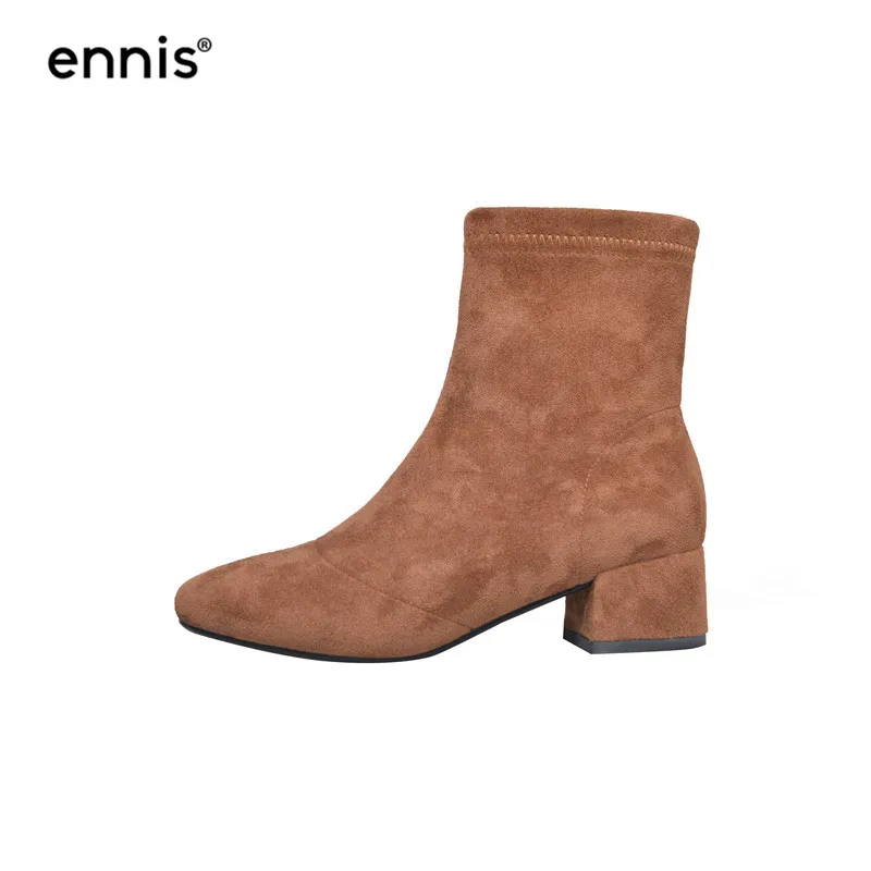 Brown ENNIS/; Модные женские дизайнерские ботинки; женские ботильоны из флока; обувь на среднем каблуке; Цвет черный, хаки, коричневый; сезон осень-зима; Новинка; A8200 - Цвет: Brown