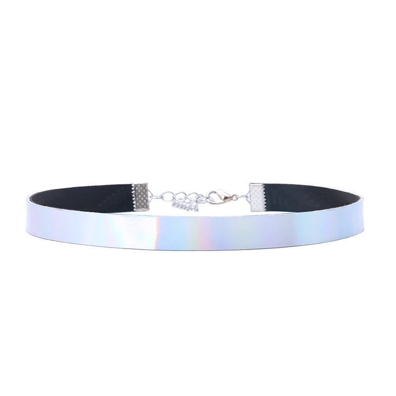LWONG 1cm Width Thin Holographic Chokers Necklaces for Women Rainbow Iridescent Holo Hologram Choker Chocker PU Leather Necklace | Украшения