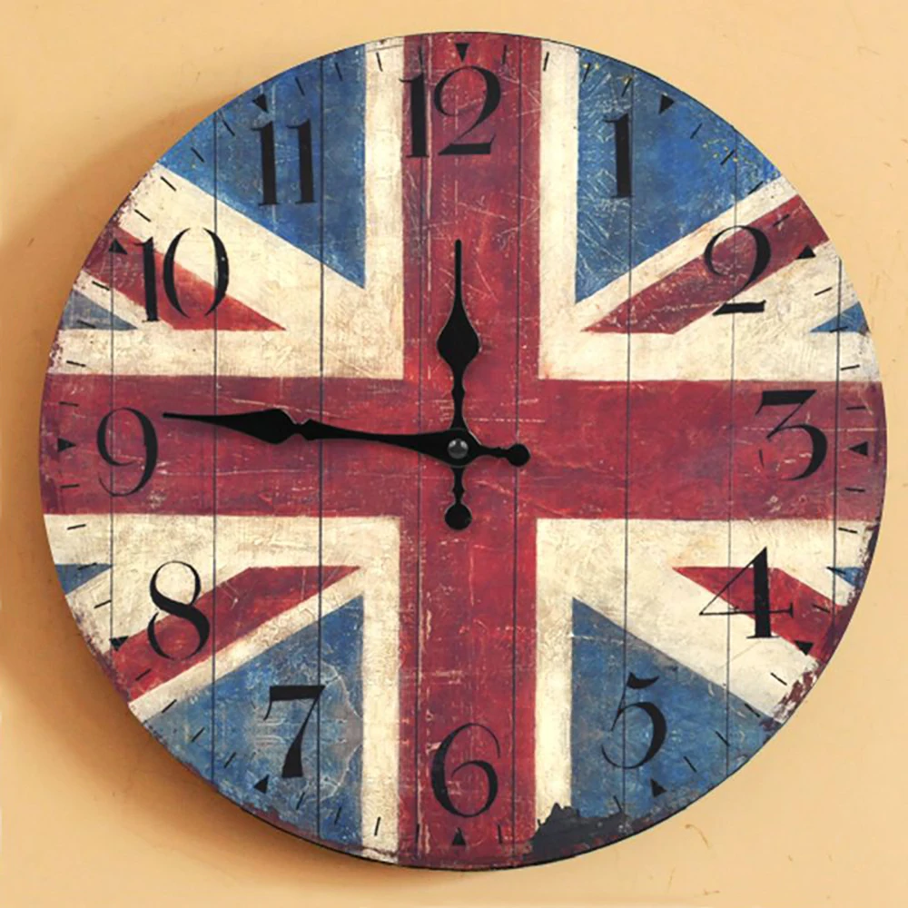 Винтажные деревянные настенные часы модные с флагами потертый шик домашний
