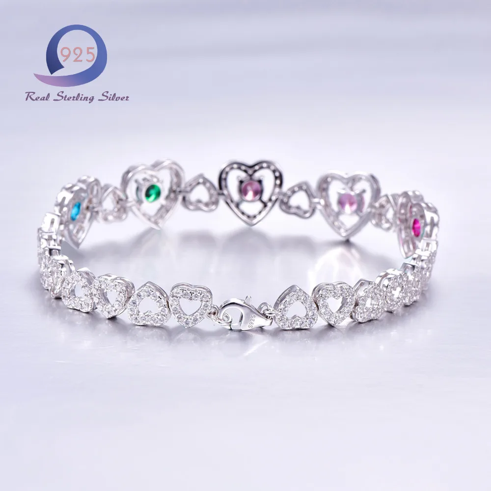 

Merthus 925 Sterling Silver bracelet 2.4CT Lab-Created Gemstone Multi Stone Heart Link for Fashion Charm Lady Women Jewelry