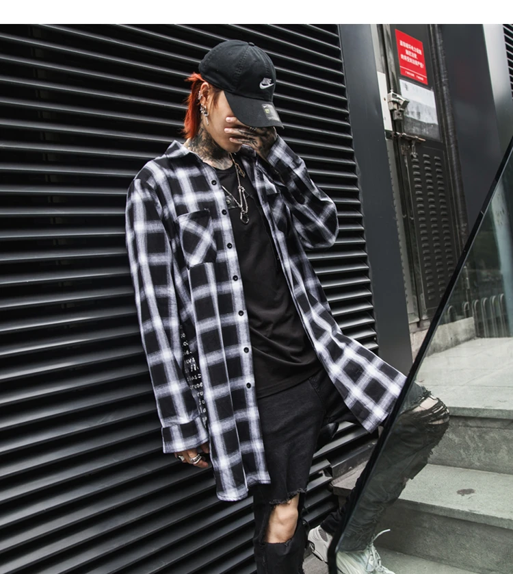 High Street Western стильные мужские рубашки в клетку с принтом хип-хоп осенние мужские повседневные рубашки с длинным рукавом Хлопок hotboom уличная одежда