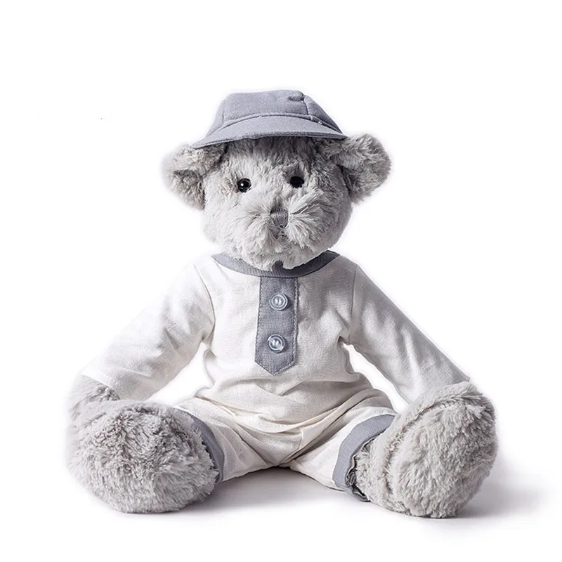 Плюшевая игрушка серый Мишка белая льняная юбка с светло голубой шляпой для