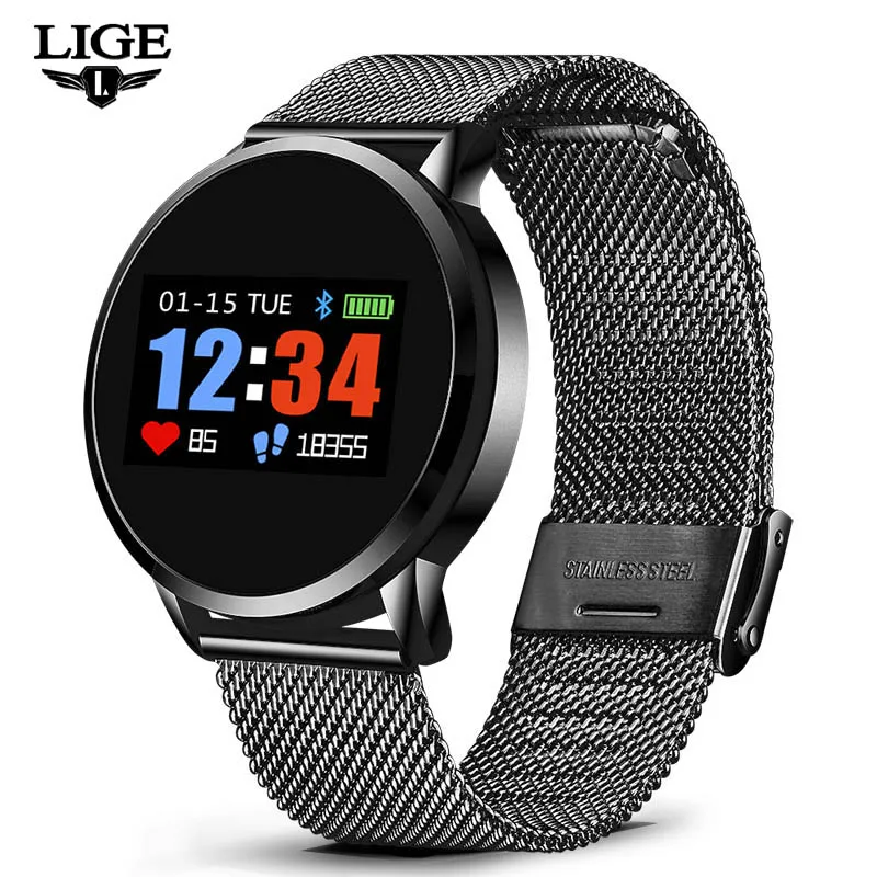 Black LIGE Новые смарт-часы для мужчин и женщин OLED экран монитор сердечного ритма кровяное давление фитнес-трекер спортивные часы для Android IOS - Цвет: Black