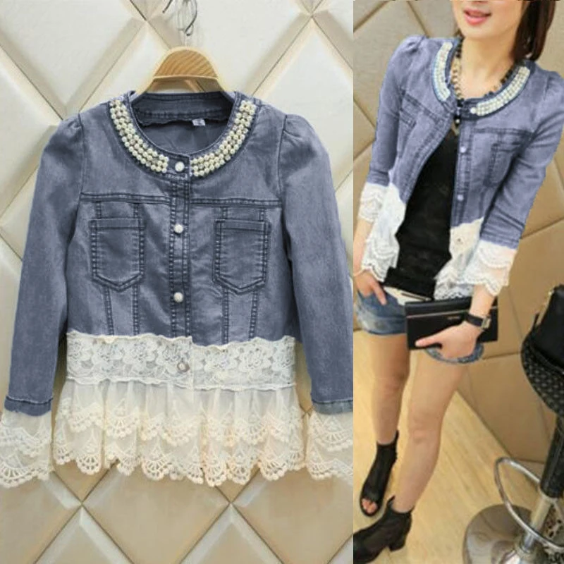 Женская джинсовая куртка кружевные джинсовые пальто с жемчужным воротником