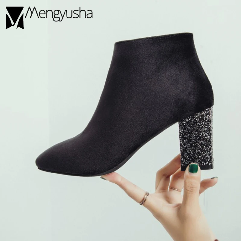 Женские бархатные ботильоны с блестками на каблуке зимние плюшевые теплые