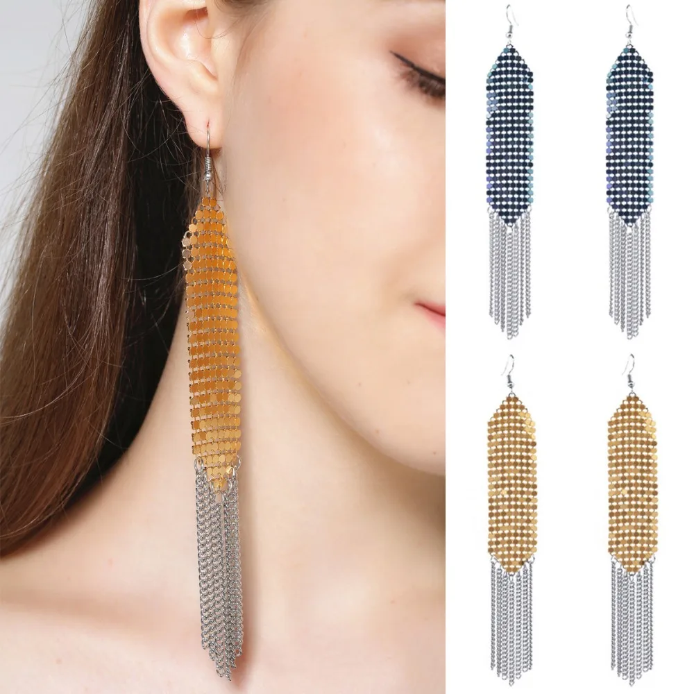 Элегантный Для женщин длинной кисточкой Серьги висит Цепи бахрома Блёстки