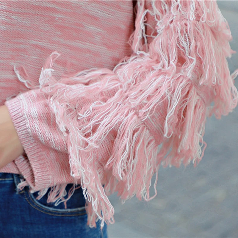 

Autumn Winter Sweater Women 2018 Fashion Tassel O Neck Pullovers Knitted Sweaters Casual Loose Knitting Tops Female Gray Pink
