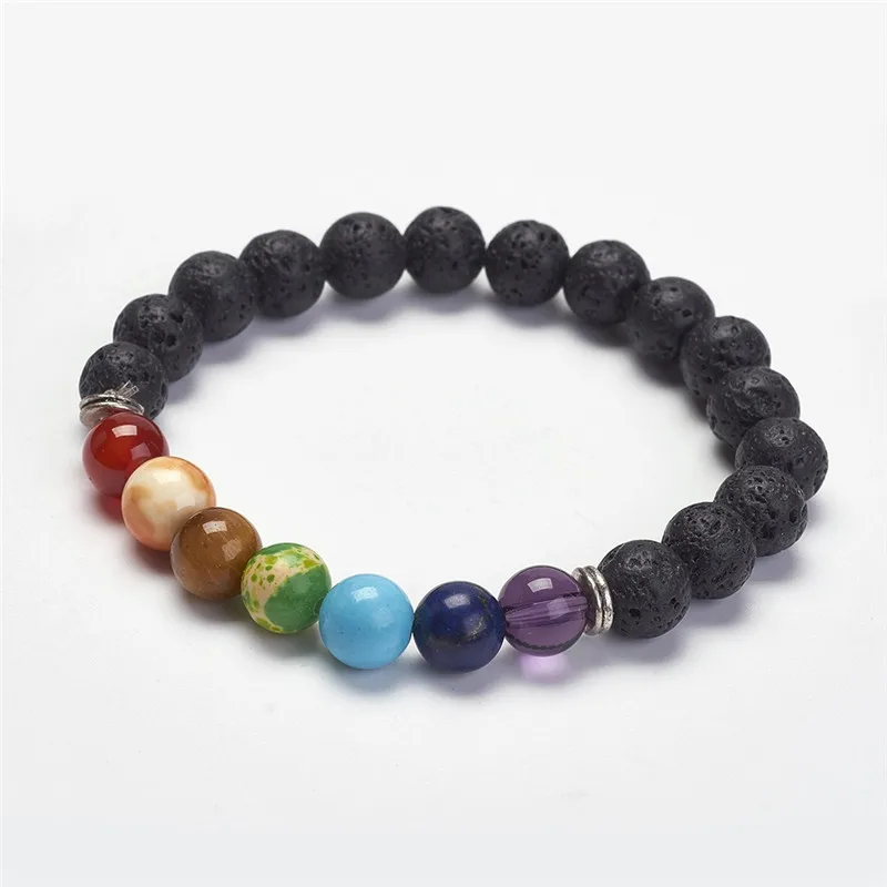 

Yoga Chakra Jewelry Natural Lava Stretch Bracelets with crystal and Alloy Beads Round Colorful 2-1/8"(55mm)
