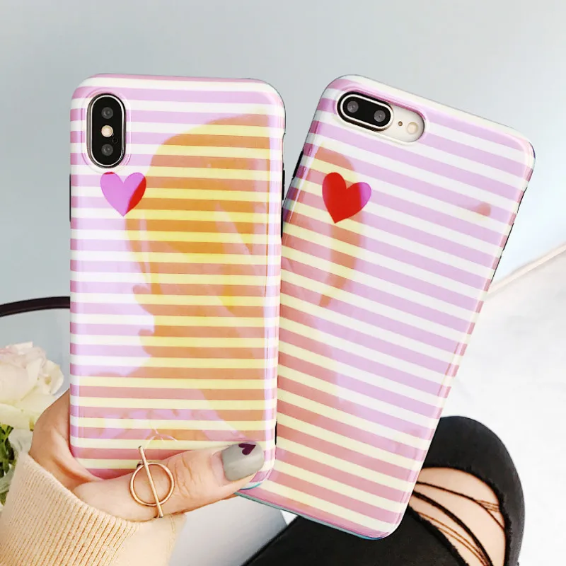 Luxury Designer Stripe Heart Blue Ray Pink Case Cover for IPhone X XS 7 6 6s 8 Plus IPhone8 7plus Blu-ray Cellphone Cases Coque |