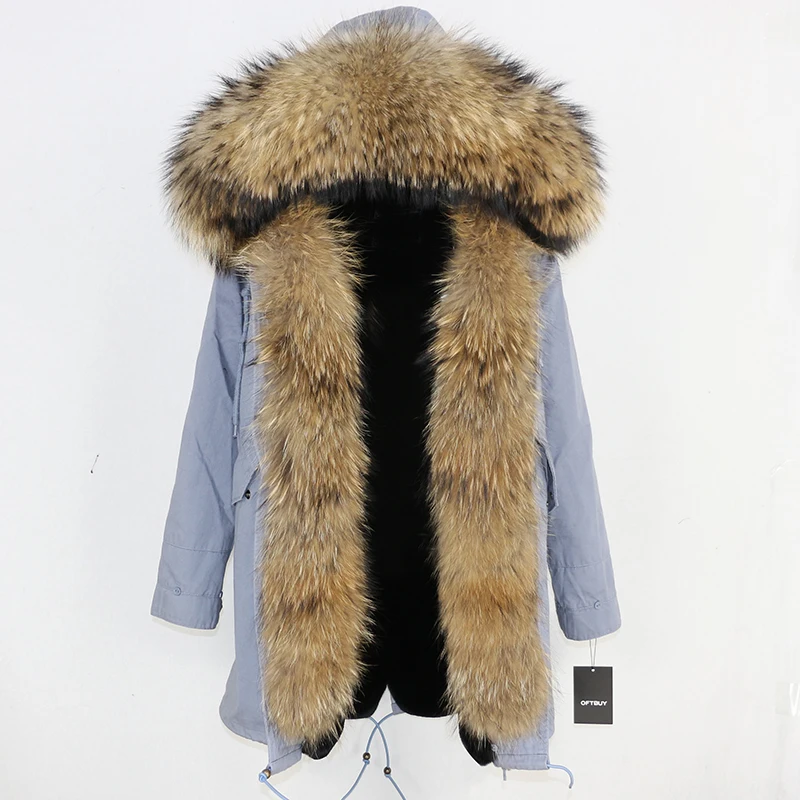 OFTBUY длинная парка, пальто из натурального меха енота, зимняя куртка для женщин, уличная верхняя одежда, Толстая Теплая Повседневная куртка с большим меховым воротником - Цвет: grey natural