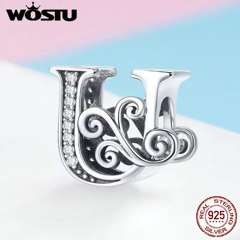 Letter U WOSTU 925 пробы серебряные буквы A-Z CZ камень бисер Подходит для женщин браслет ожерелье Мода Бижутерия подарок BNC030 - Цвет: Letter U