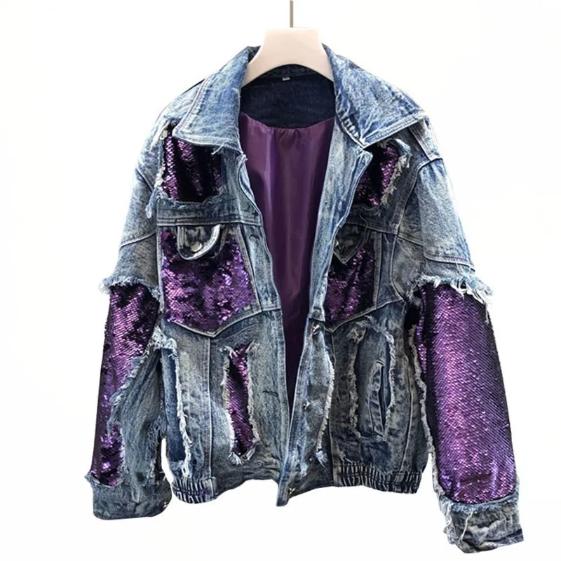 Женская джинсовая куртка фиолетовая с блестками в стиле хип хоп на весну и