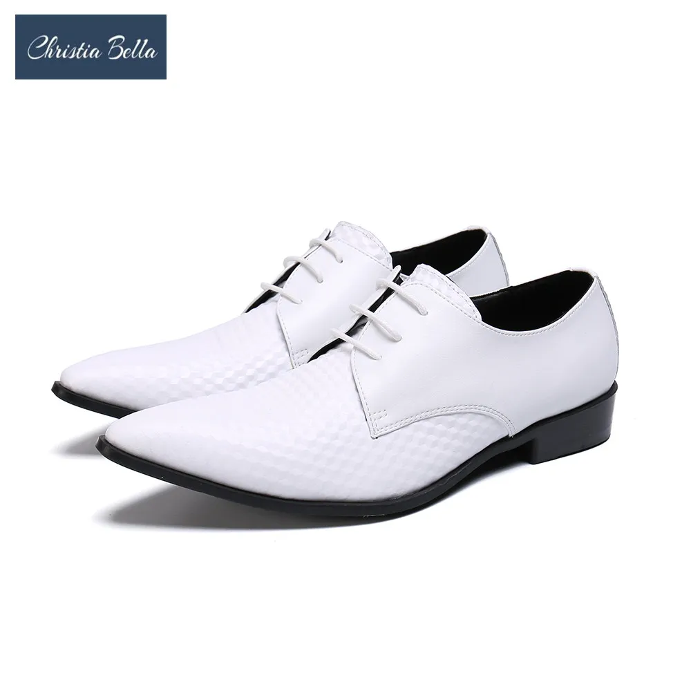 

Christia Bella White Genuine Leather Men Dress Shoes Lace Up Party Wedding Men Oxford Shoes Pointed Toe Business Brogue Shoes