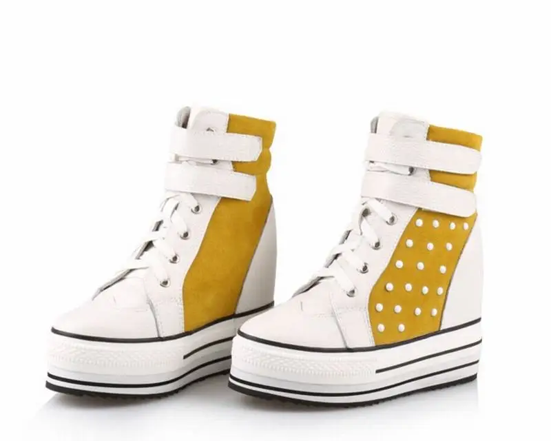 genuine leather wedges heel women ankle boots fashion platform high-heeled rivets botas femininas high top lace up casual shoes | Обувь