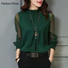 Женская шифоновая блузка, с длинным рукавом и круглым вырезом, прозрачная, свободная, весна-осень 2020