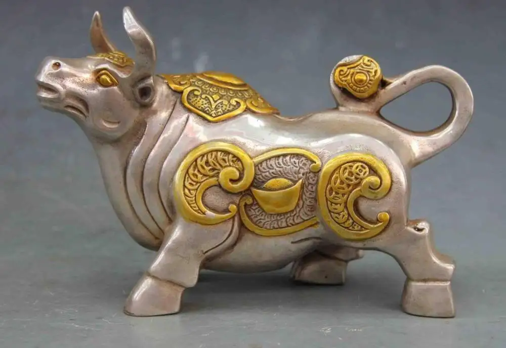 

4 Chinese White Copper Silver Fengshui Lucky Wealth RuYi YuanBao Cattle Wild ox