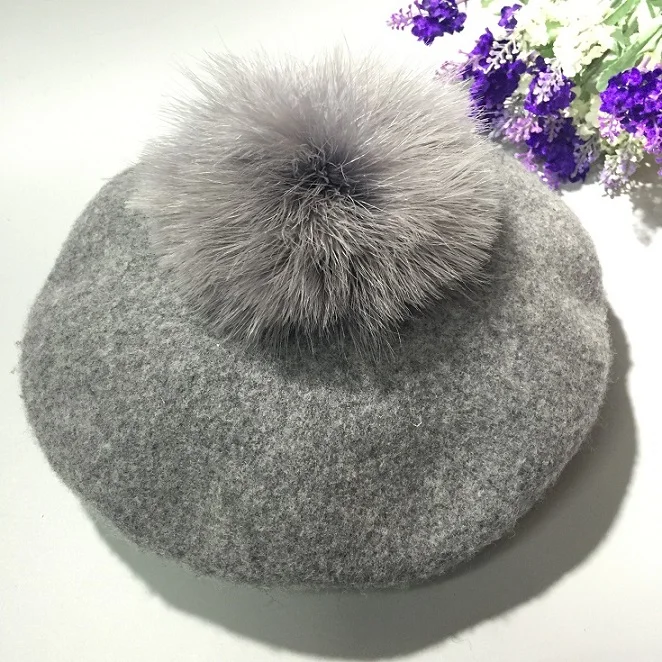 grey VISROVER Берет, женская зимняя женская шапка, шерстяная шапка, искусственный мех, шапка с помпоном, одноцветная, высокое качество, для женщин, Boina Feminina - Цвет: grey