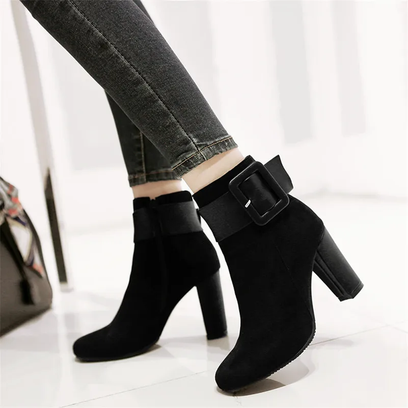 Meotina Autumn Ankle Boots Women Buckle Thick High Heels Short Zipper Square Toe Shoes Ladies Winter Green Big Size 33-43 | Обувь