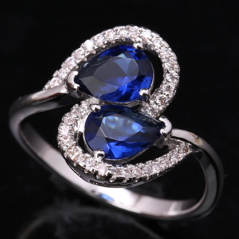 Изумительные 2 Драгоценных Камня Синий Циркон Белое серебряное покрытие