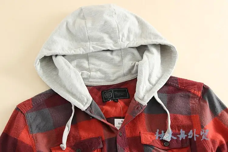 2018 весна осень фланелевая рубашка мужская с длинным рукавом капюшоном брендовая