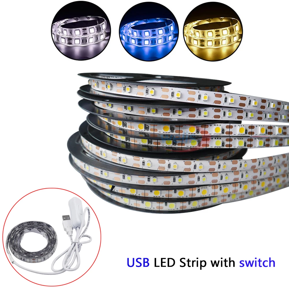 Гибкая светодиодная ленсветильник с переключателем DC5V 5050 3528 SMD 50 см 1 м 2 теплый