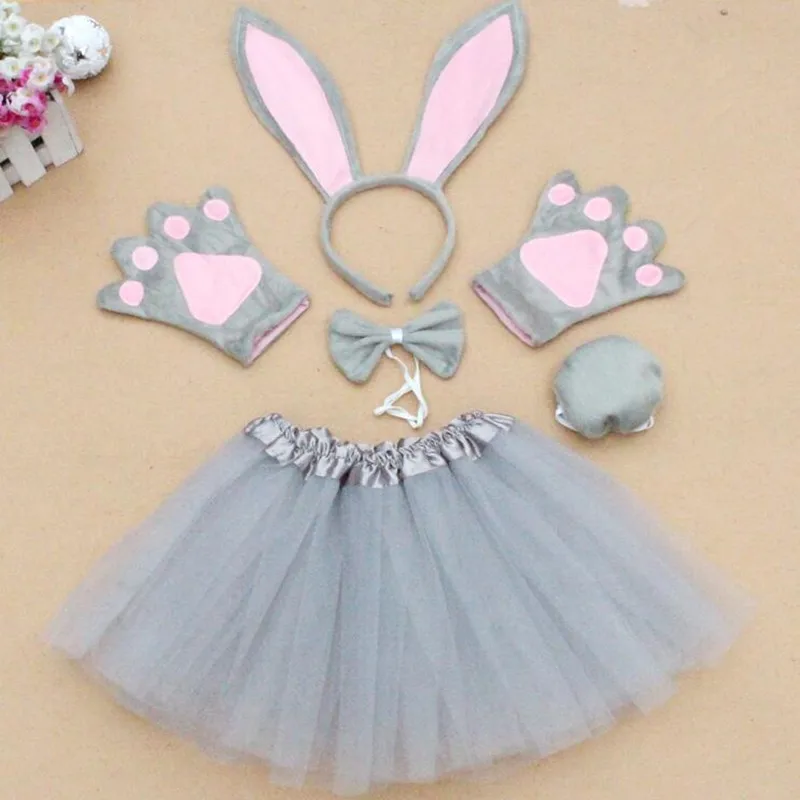5pcs set gray Новые длинные с заячьими ушками; бант на голову галстук хвост рукавицы-лапы юбка-пачка Детский карнавальный костюм для девочек набор любимая для вечеринки в честь Хэллоуина подарок - Цвет: 5pcs set gray