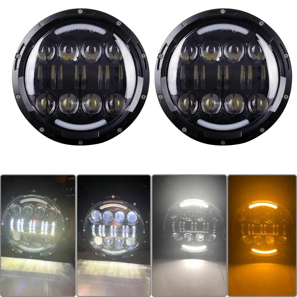 80w black 2 упаковки " светодиодный Halo Фары с H4 для Land Rover Defender 7 дюймов фары с янтарным поворотом для Лада Нива 4x4 - Цвет: 80w black