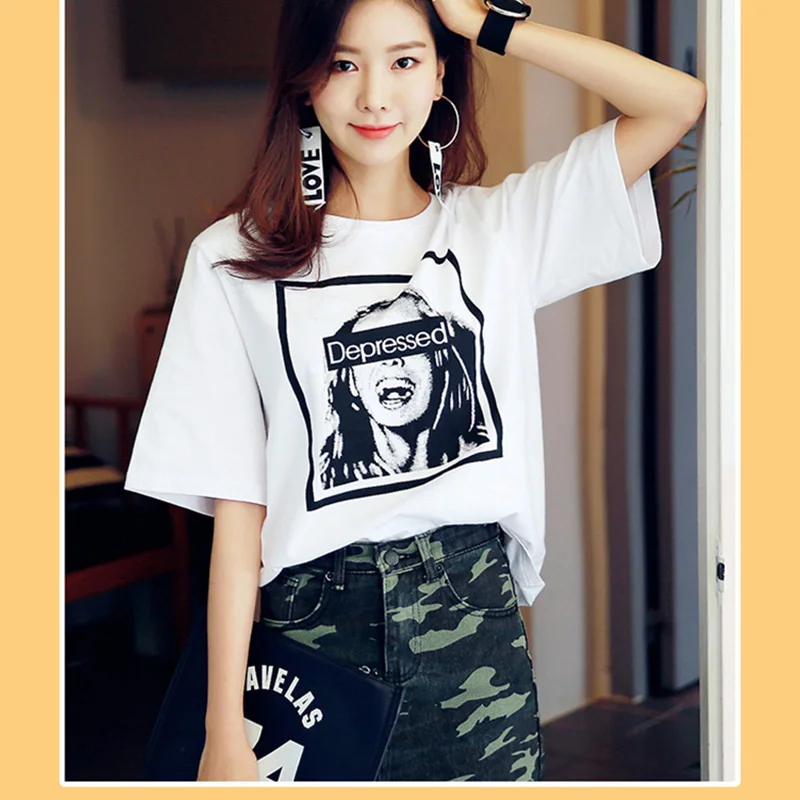 

Women's summer T-shirt Summer 2019 style loose cotton O-neck coat pullover With short sleeves plus-size The letter T-shirt TOP