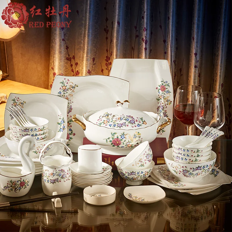 

Набор столовой посуды из Красного пиона из костяного фарфора, 56 головок, домашняя керамика, китайская посуда, миска, свадебный подарок