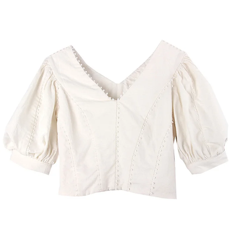 2018 Autumn High Quality Vocation Holiday Puff Sleeve 1/2 V-neck White Cotton Lace Women Blouse Top |