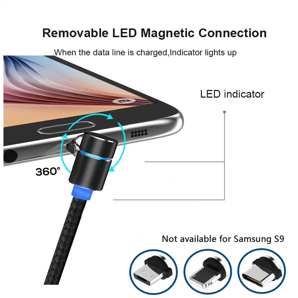 Магнитный USB кабель для зарядки 90 градусов игровой светодиодный свет IOS & Micro Type C